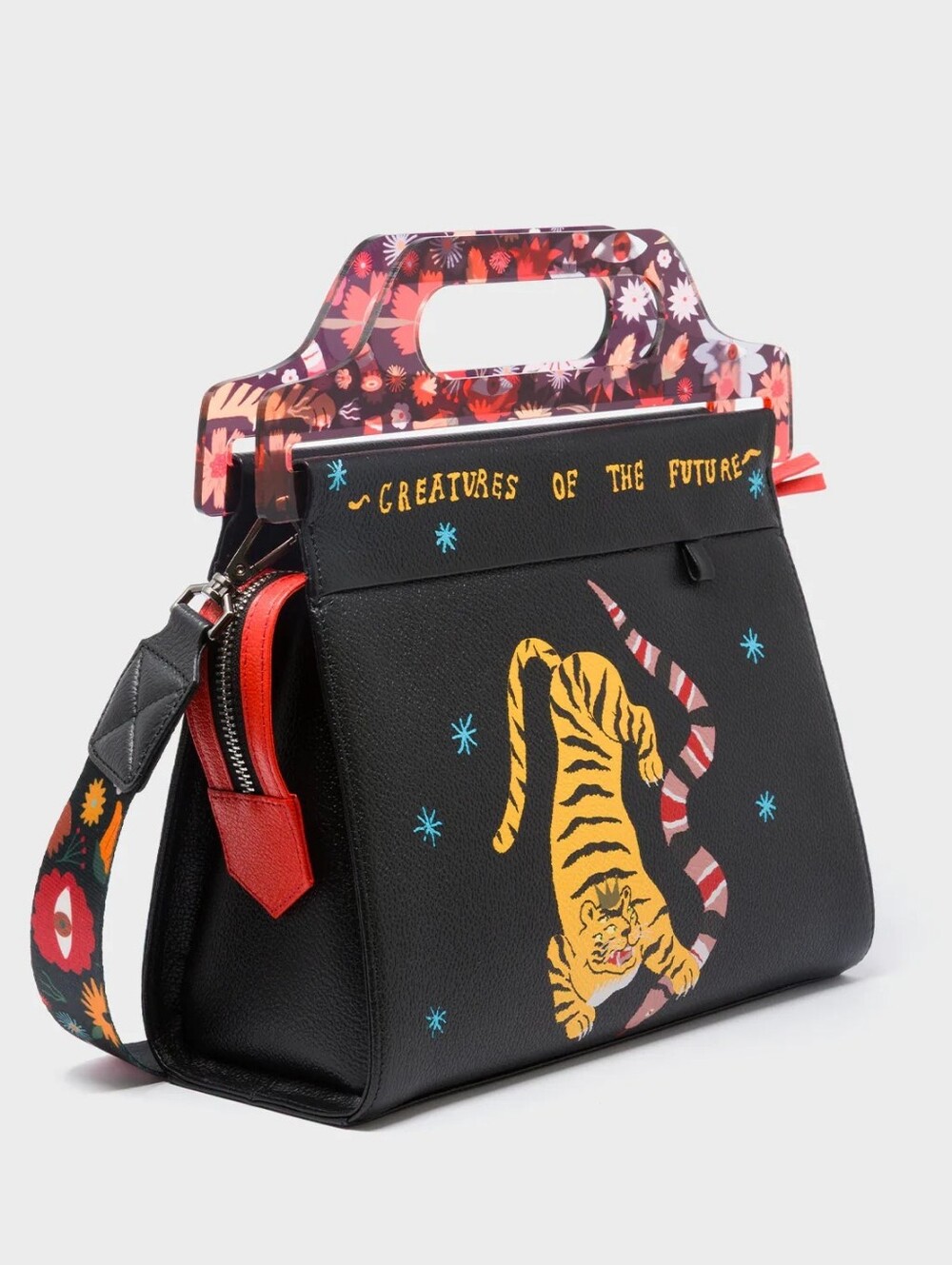 MIN & MON VALI LEATHER CROSSBODY BAG PLASTIC HANDLE - TIGER AND SNAKE PRINT